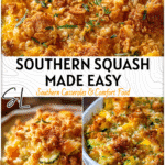 Golden baked southern squash casserole topped with crispy breadcrumbs in a rustic dish. 2